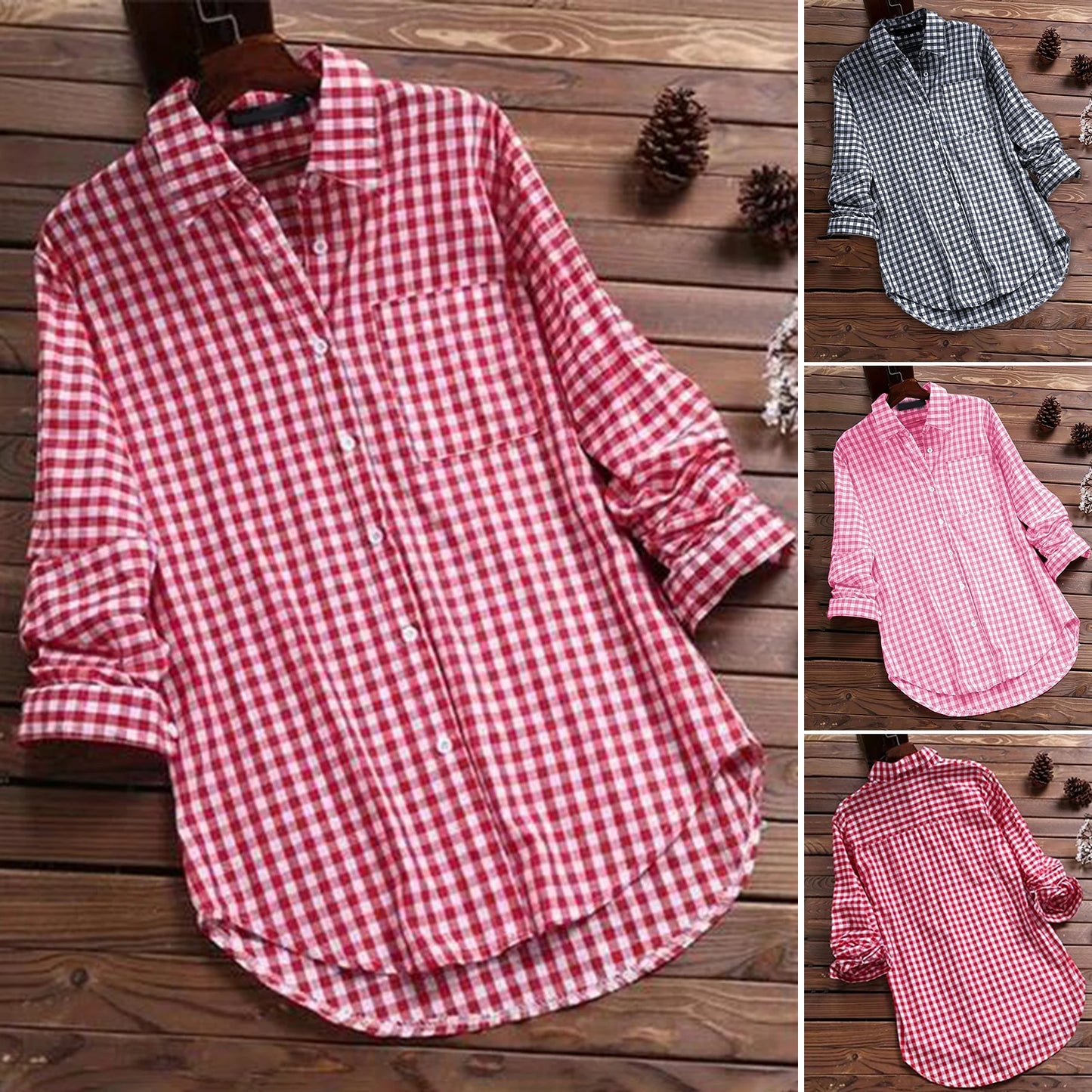 SANWOOD Plaid Cotton Blend Long Sleeves Roll Up Shirts