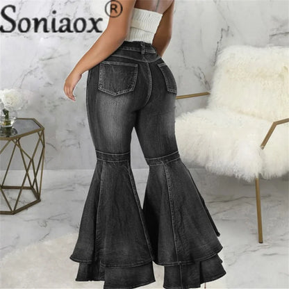 Vintage High Waist Fashion Splicing Layers Flared Denim Blue Jeans