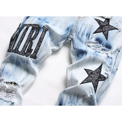 Men's Embroidered Five-Pointed Star High  Fashion Elastic Slim Fit Denim Blue Jeans