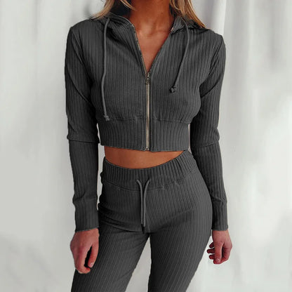 Trendy Knit Ribbed  Long Sleeve Zip Up Slim Fit Hooded Crop Tops + High Waist Long Pants