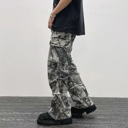 Camouflage Baggy Flare Fringed Jeans Cargo Pants Men