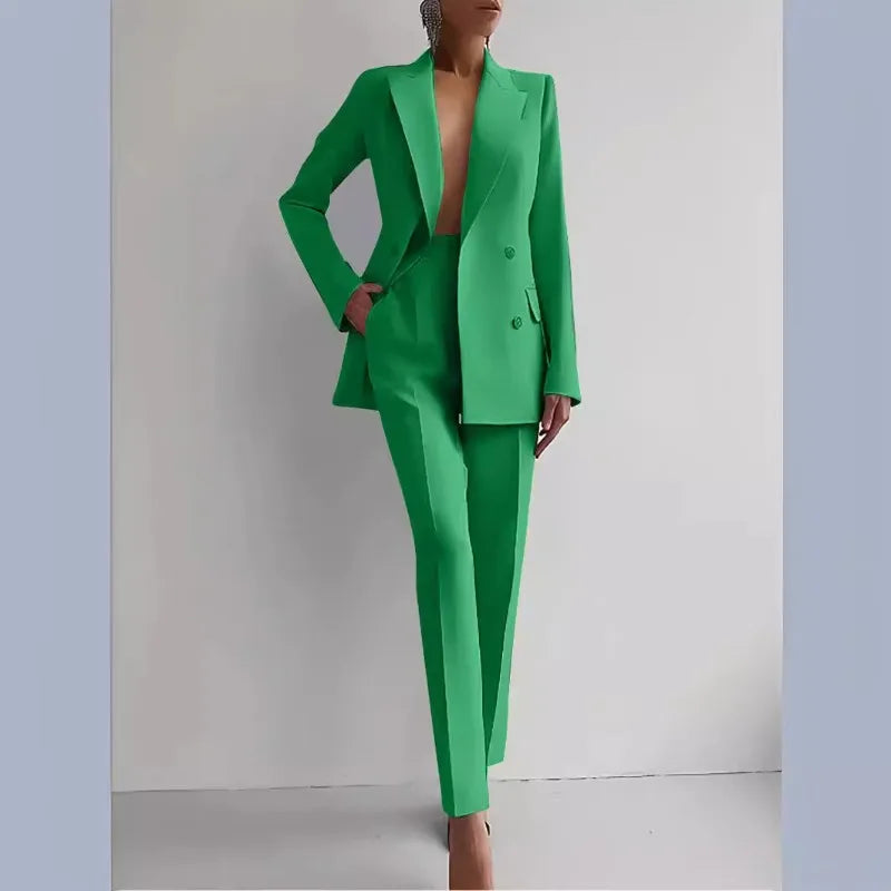 Mandylandy 2pcs Solid Color Fashion Suit Long Sleeve Blazer Jacket & High Waist Long Pants Set