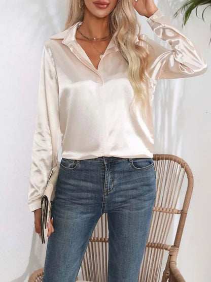 Satin V Neck Long Sleeve Shirt