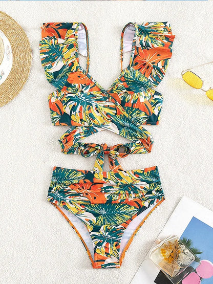 FRECKANGE Tropical Print Push Up Bikini Top &  High Waist Bikini Swimwear Set