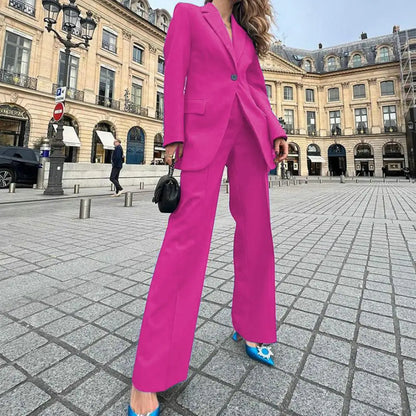 SANWOOD Two-piece Elegant Women's Business Suit Set with Long Sleeve Coat Wide Leg Pants