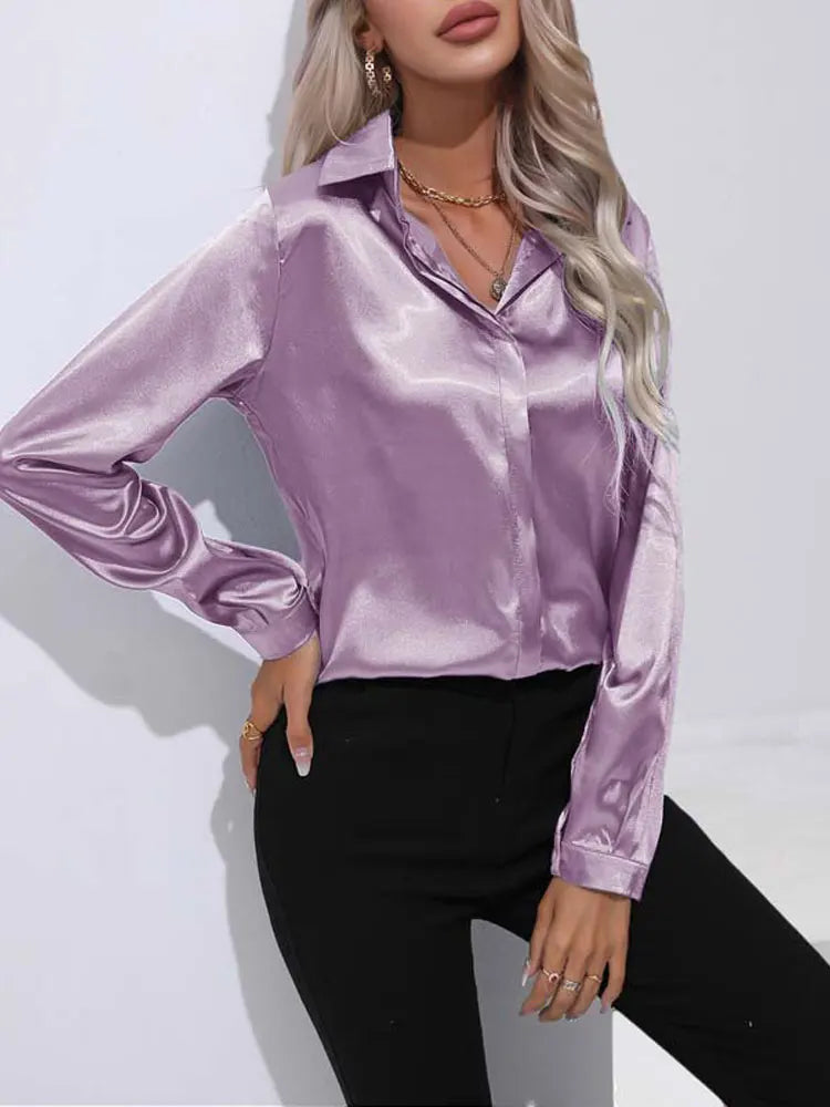 Satin V Neck Long Sleeve Shirt