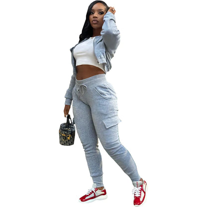 Sporty Two-Piece Cropped Jacket & High Waist Pocketed Jogger Pants