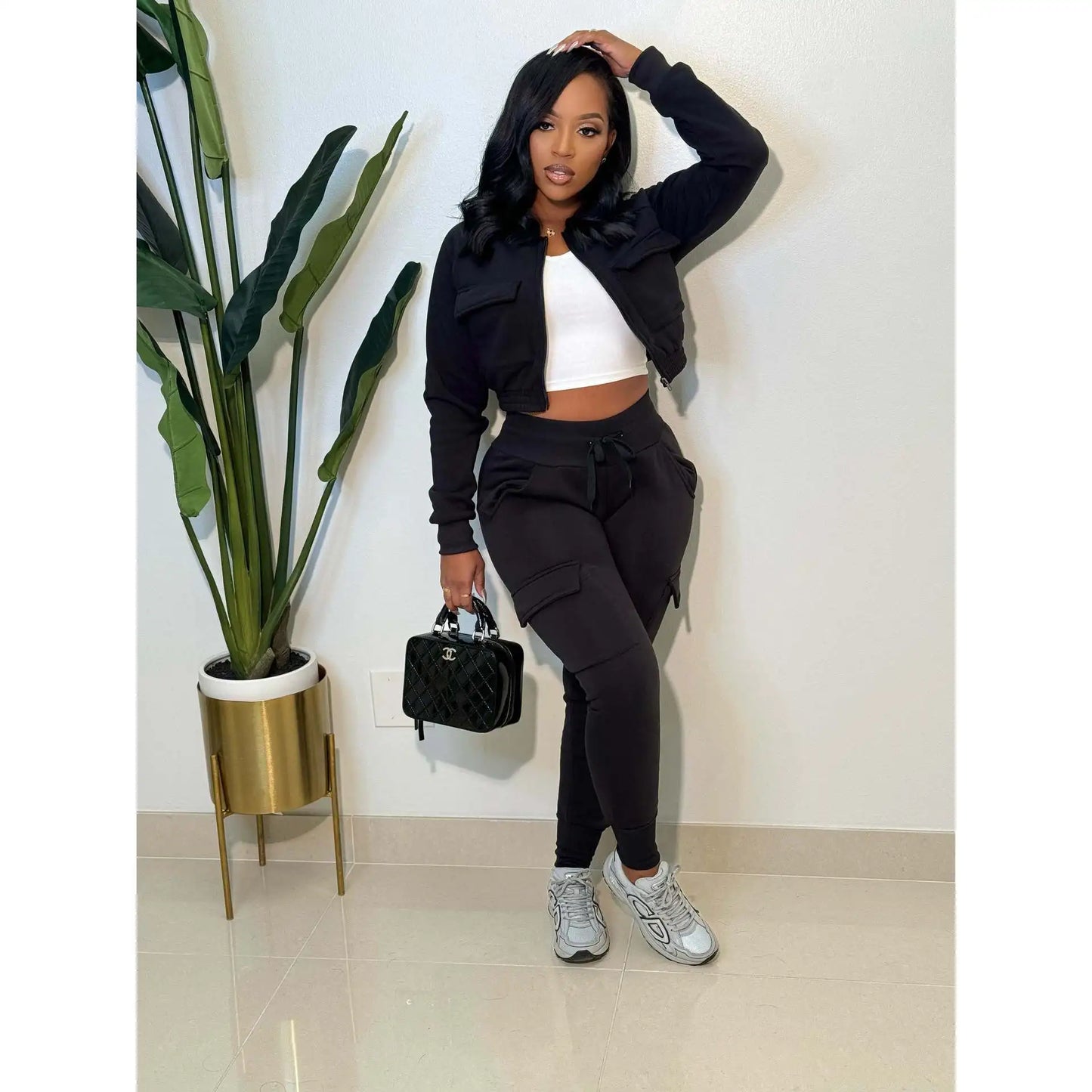 Sporty Two-Piece Cropped Jacket & High Waist Pocketed Jogger Pants