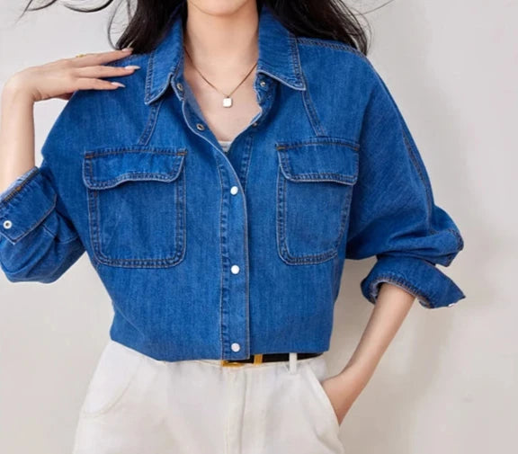 HHQ Casual Chic Vintage Denim Long Sleeve Button-up Shirt