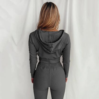 Trendy Knit Ribbed  Long Sleeve Zip Up Slim Fit Hooded Crop Tops + High Waist Long Pants