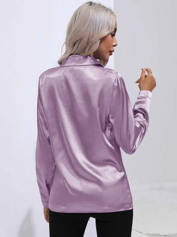 Satin V Neck Long Sleeve Shirt