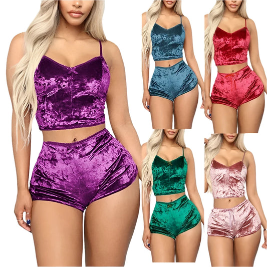 Women's Velvet Comfortable V-neck Camisole + Shorts Pajamas Set Sleepwear