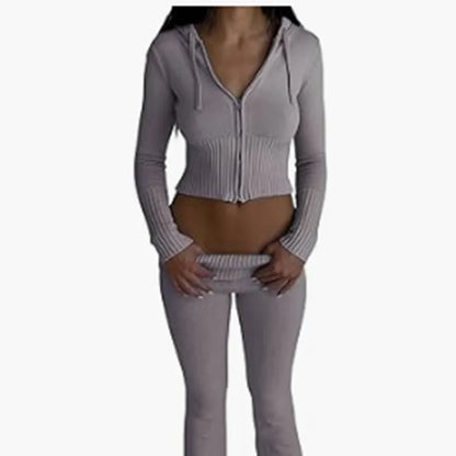 Trendy Knit Ribbed  Long Sleeve Zip Up Slim Fit Hooded Crop Tops + High Waist Long Pants