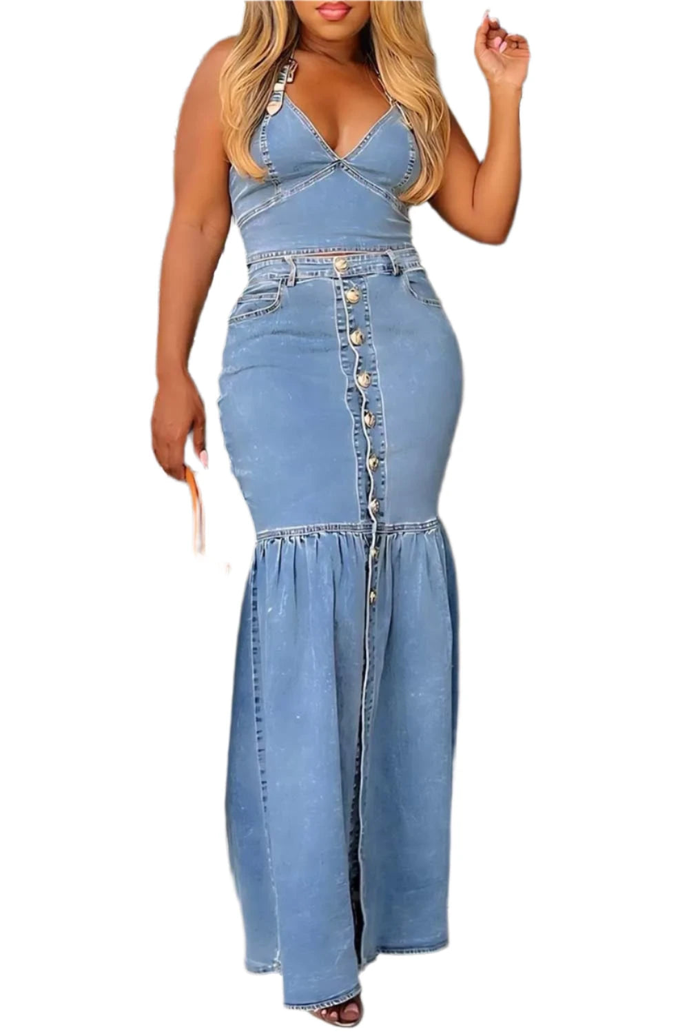 Denim Two Piece V-Neck Sexy Mermaid Skirt and Halter Cropped Top Matching Set Casual Vintage Fashion Outfits