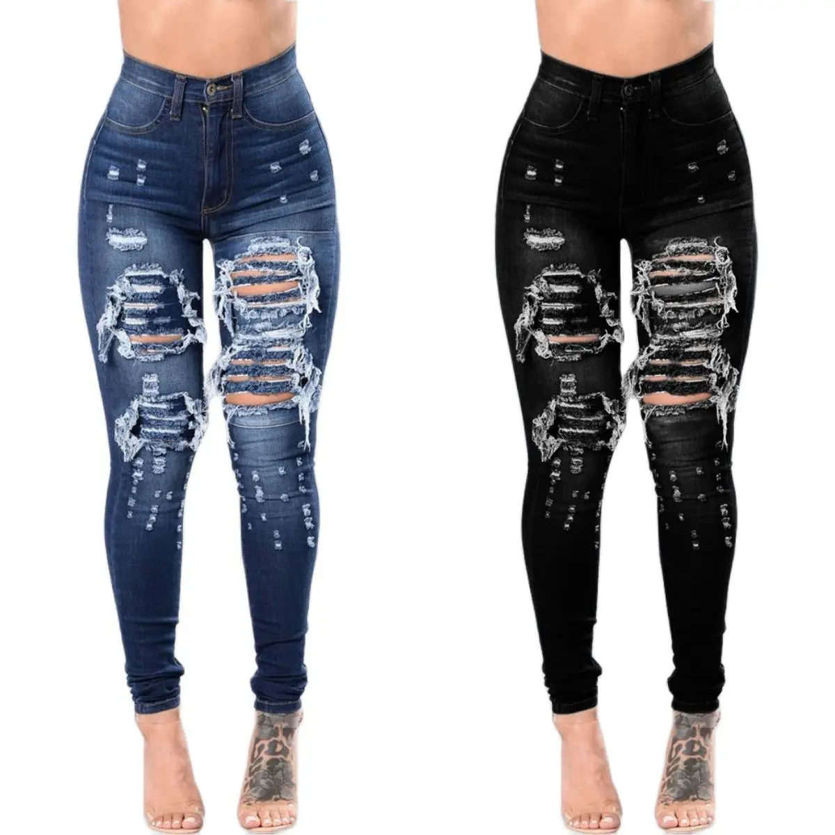 Casual Stretch High Waist Ripped Denim Blue Jeans For Women