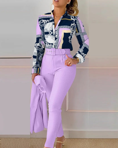 Elegant Womens Printed Two Piece Suit Sets V Neck Long Sleeve Shirt Top & Long Pants Set With Belt