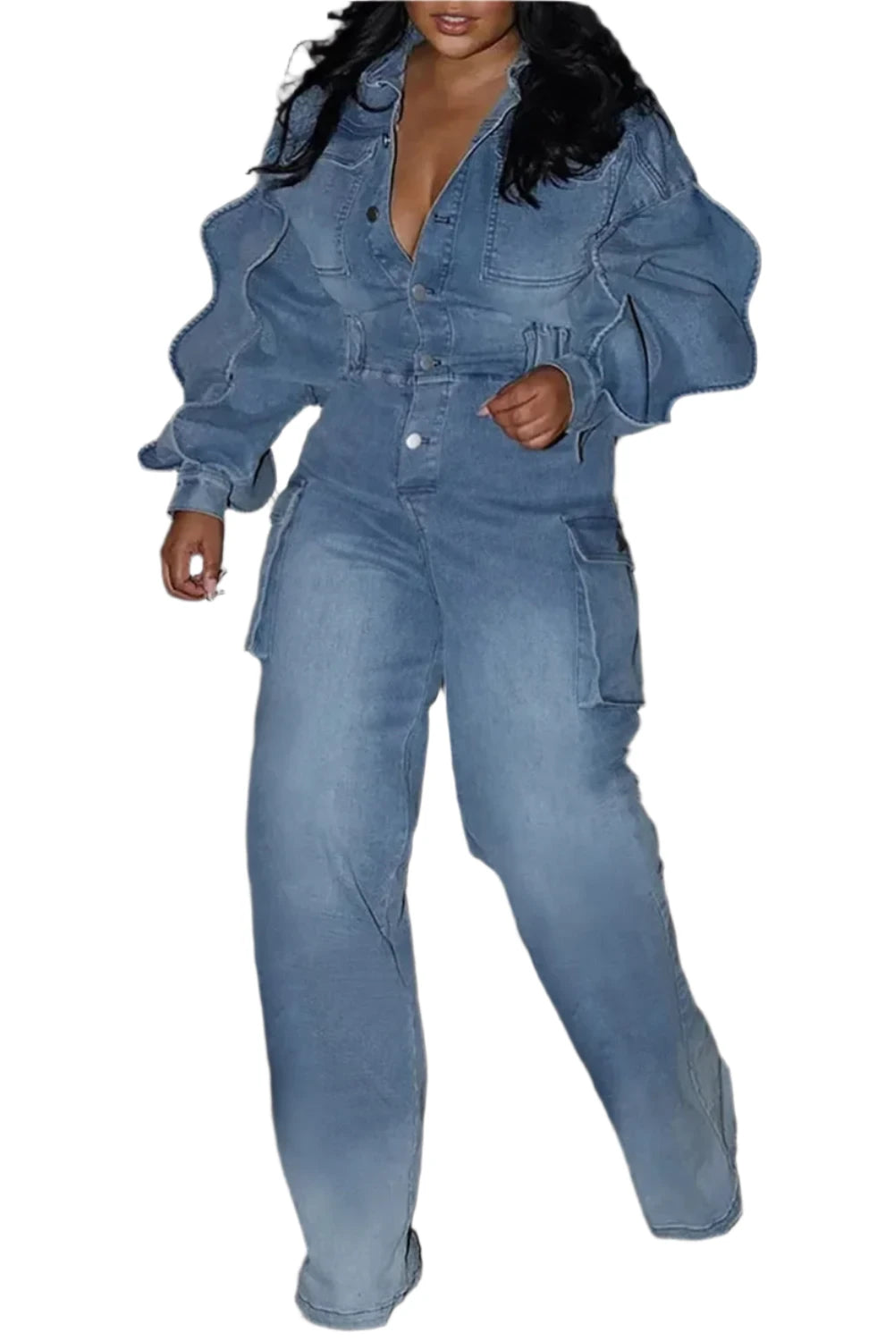 Women's Denim Cargo Jumpsuit Puff Sleeve Zipper Lantern Sleeve Jeans Plus Size Casual Pockets Rompers Overall Outfit