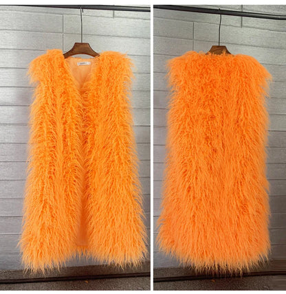 Beautiful Vibrant Colors High Fashion Faux Mongolia Sheep Fur Long Sleeveless Vest for Women