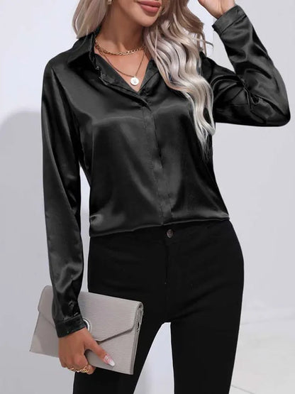 Satin V Neck Long Sleeve Shirt