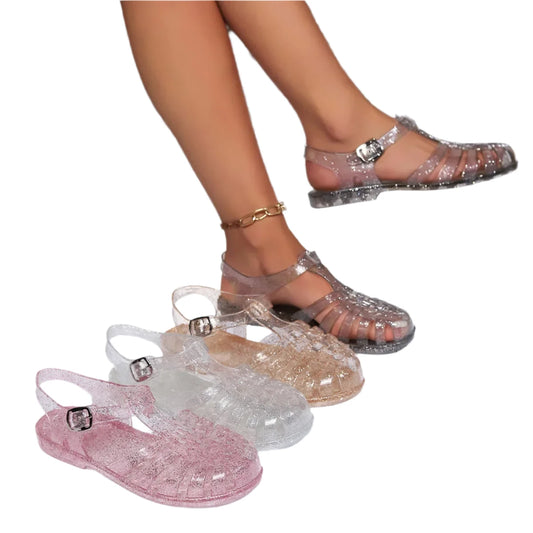 Retro Jelly Shoes Women's Summer PVC New Fashion Hollow Out Wearing Beach Flat Casual Flat Sandals