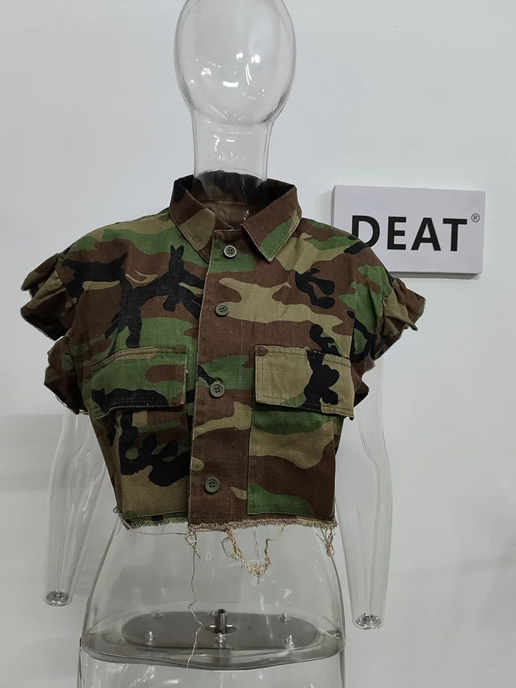 DEAT Camouflage Turn-down Collar Butterfly Sleeve Single Breasted Jacket