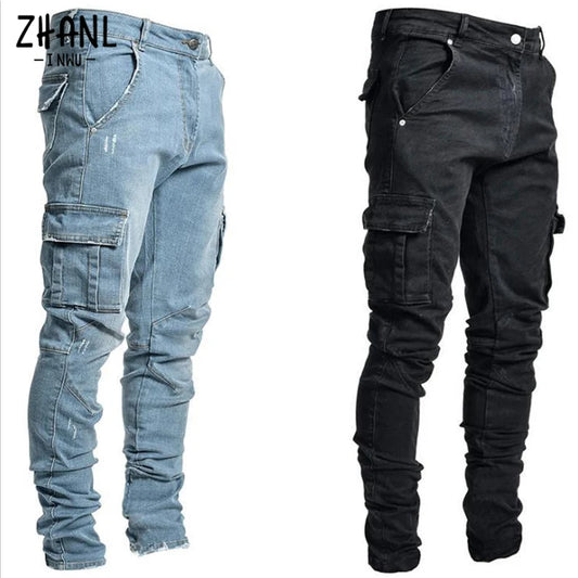 Trendy Fashion Solid Color Multi Pockets Cargo Denim Mid Waist Cargo Jeans for Men