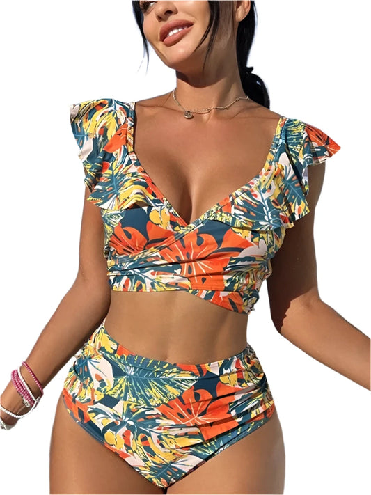 FRECKANGE Tropical Print Push Up Bikini Top &  High Waist Bikini Swimwear Set