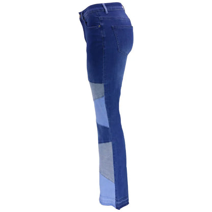 Paneled Collision Fashionable High Waist Flared Denim Blue Jeans