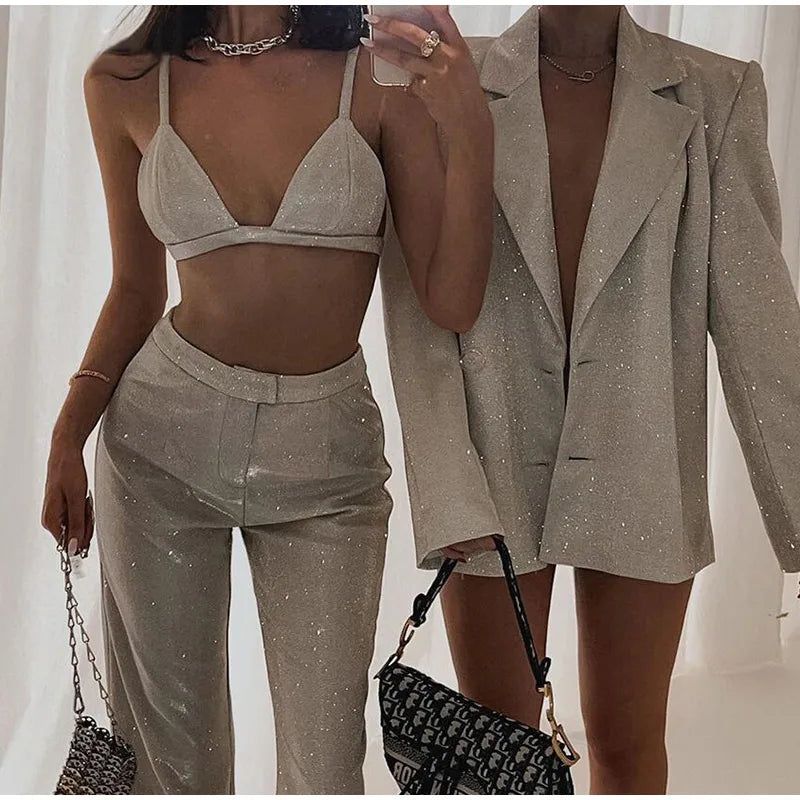 Glitzy Chic Three Pieces Blazer, Bra Top, and Pants Suit