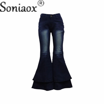 Vintage High Waist Fashion Splicing Layers Flared Denim Blue Jeans