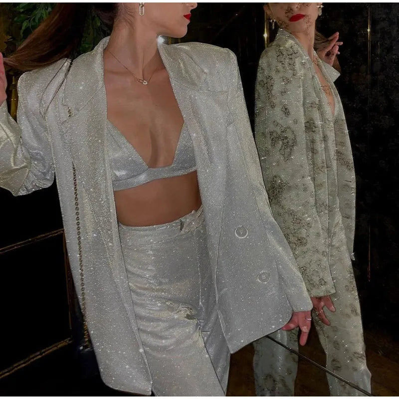 Glitzy Chic Three Pieces Blazer, Bra Top, and Pants Suit