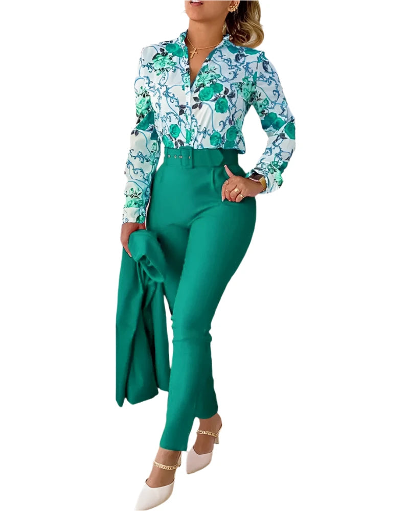 Elegant Womens Printed Two Piece Suit Sets V Neck Long Sleeve Shirt Top & Long Pants Set With Belt