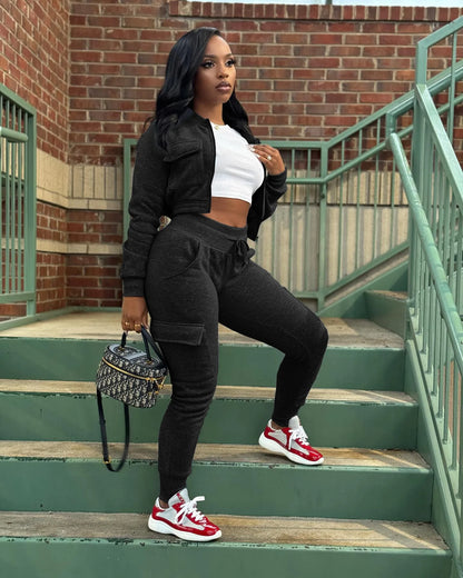 Sporty Two-Piece Cropped Jacket & High Waist Pocketed Jogger Pants