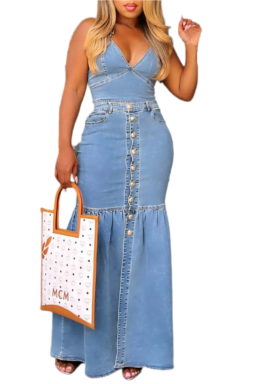 Denim Two Piece V-Neck Sexy Mermaid Skirt and Halter Cropped Top Matching Set Casual Vintage Fashion Outfits