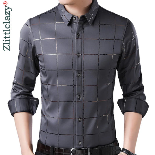 ZLITTLELAZY Casual Spring Luxury Plaid Long Sleeve Slim Fit Men Shirt