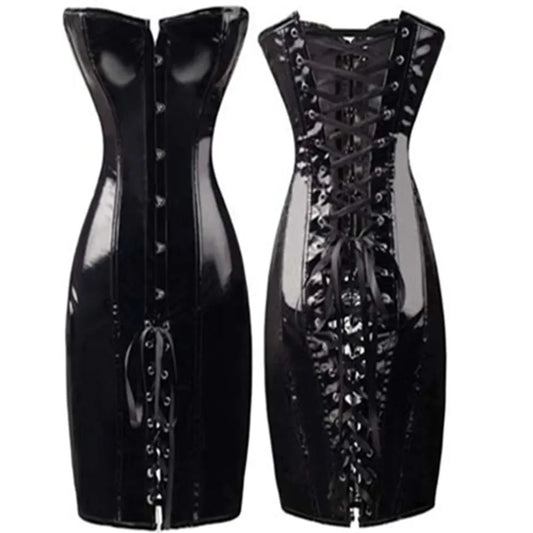 Corsets And Bustiers Punk Style Slim PVC Leather Corselet Dress Long Torso Korsett Overbust Women Clothing