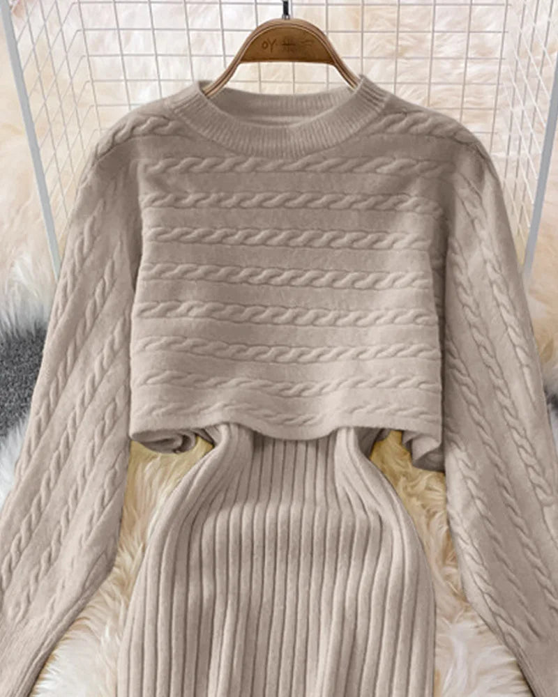 Kalenmos Knit Long Sleeve Sweater Top & Skirt Set