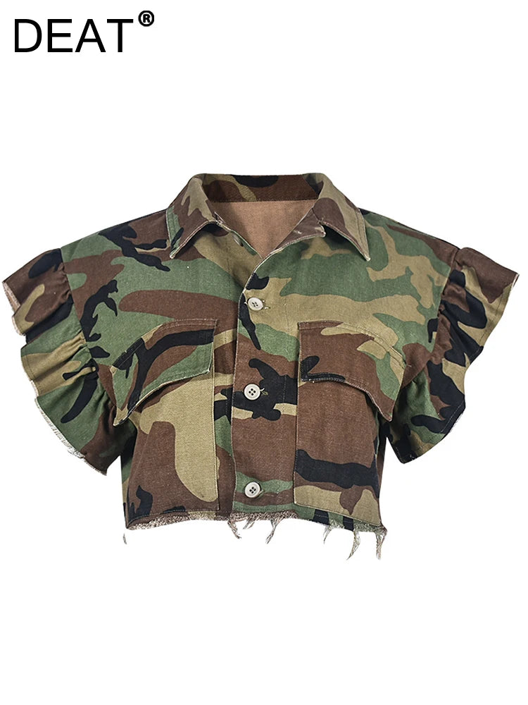 DEAT Camouflage Turn-down Collar Butterfly Sleeve Single Breasted Jacket