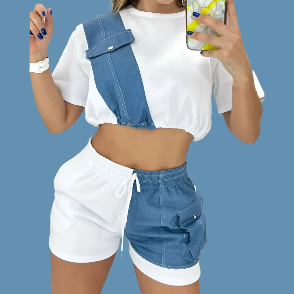 LEOSOXS Casual Colorblock Denim Patch O-Neck Short Sleeve Crop Top & Drawstring Shorts Set  Two Pieces Suit Set Outfits