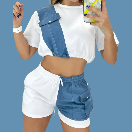 LEOSOXS Casual Colorblock Denim Patch O-Neck Short Sleeve Crop Top & Drawstring Shorts Set  Two Pieces Suit Set Outfits