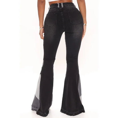 Paneled Collision Fashionable High Waist Flared Denim Blue Jeans