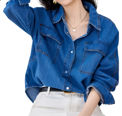 HHQ Casual Chic Vintage Denim Long Sleeve Button-up Shirt