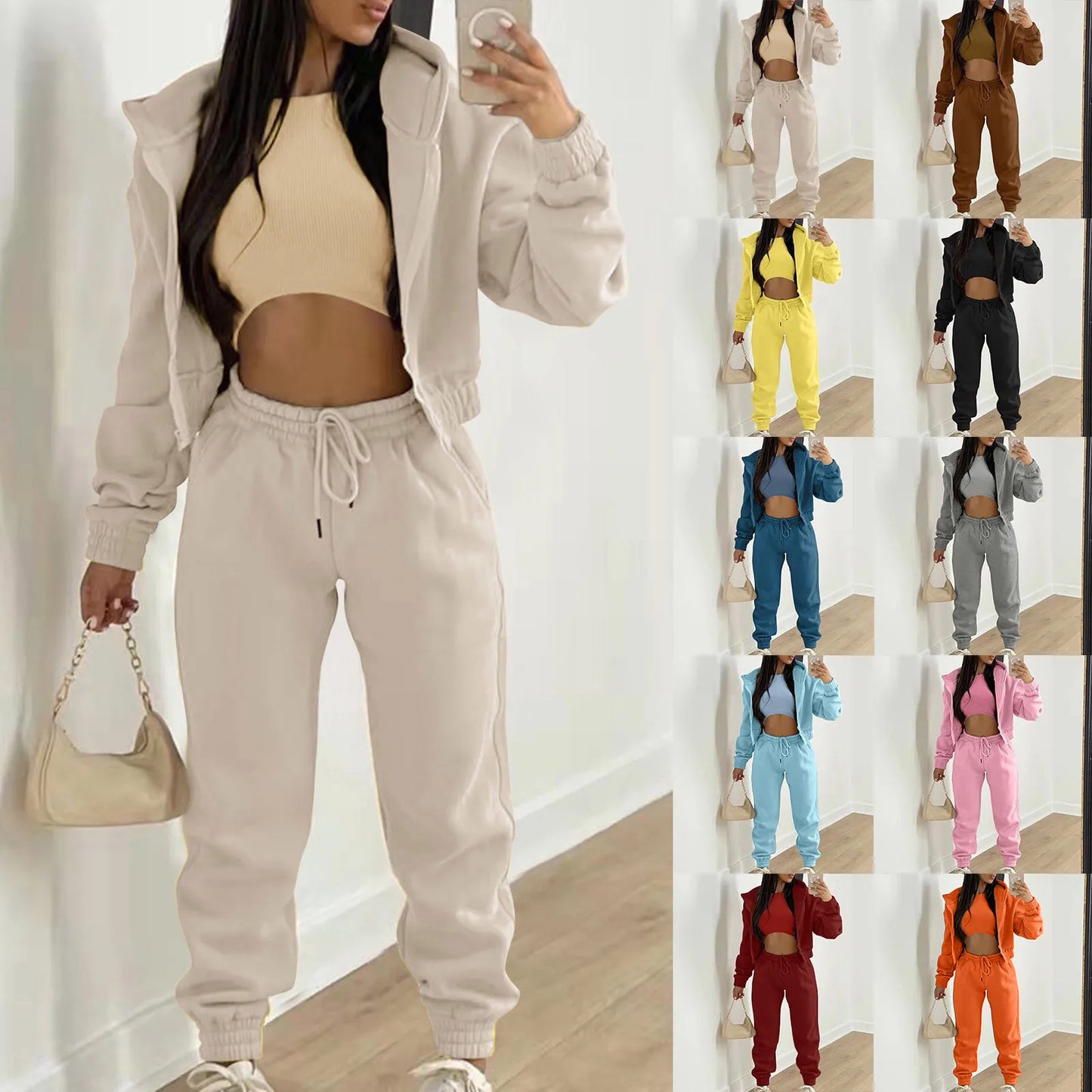 SAGACE Women 3 Piece Sets Casual Long Sleeve Zip Hoodies+Ribbed Tank+High Waist Sweatpants Jogger Pant Suits Sporty Three Pieces Outfit from Italy