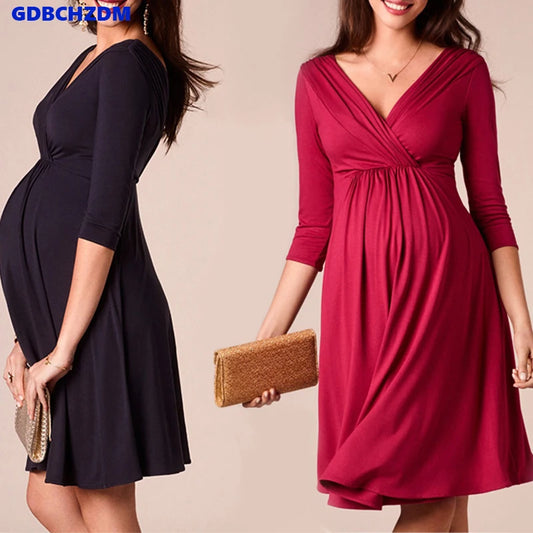 V-Neck 3/4 Sleeve Breastfeeding Maternity Dresses