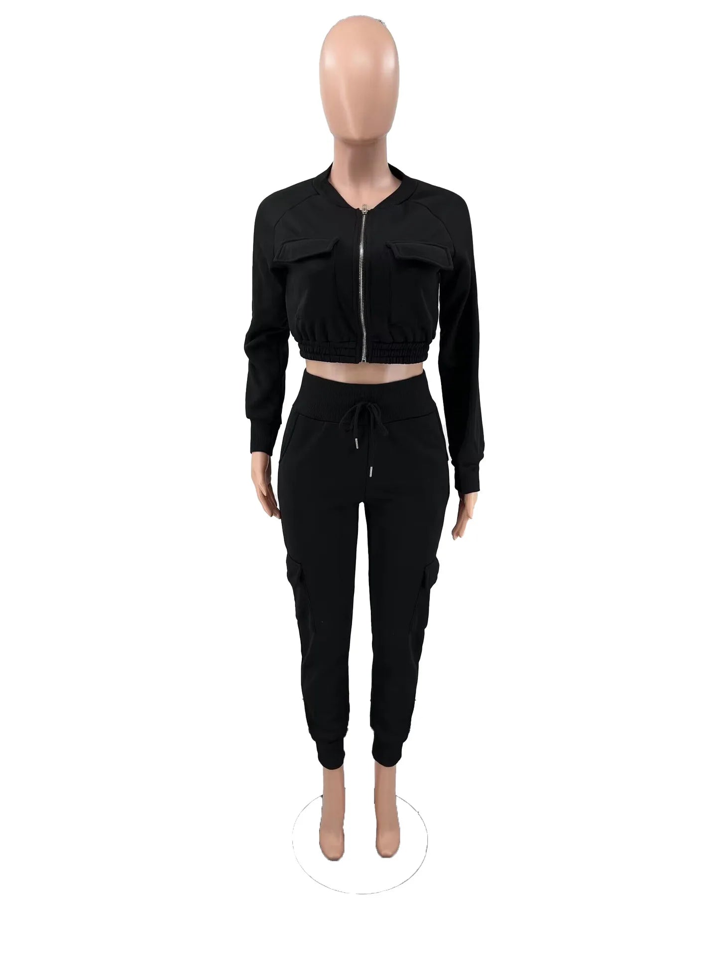 Sporty Two-Piece Cropped Jacket & High Waist Pocketed Jogger Pants