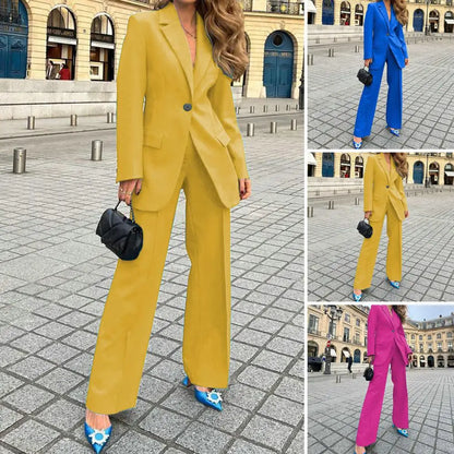 SANWOOD Two-piece Elegant Women's Business Suit Set with Long Sleeve Coat Wide Leg Pants