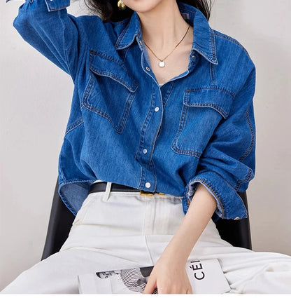 HHQ Casual Chic Vintage Denim Long Sleeve Button-up Shirt