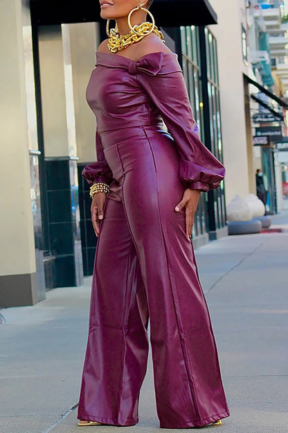 Two Piece Faux PU Leather Off The Shoulder Lantern Sleeve Top & Matching High Waist Wide Leg Pants Set