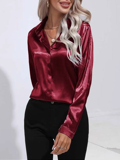 Satin V Neck Long Sleeve Shirt