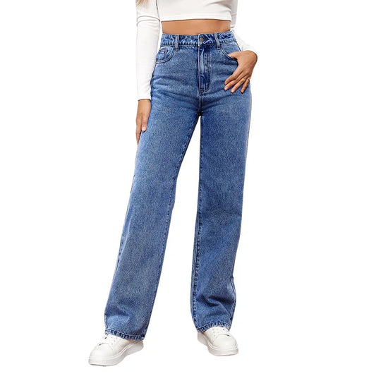 Kalenmos Straight Leg High Waist Denim Loose Fit Blue Mom Jeans